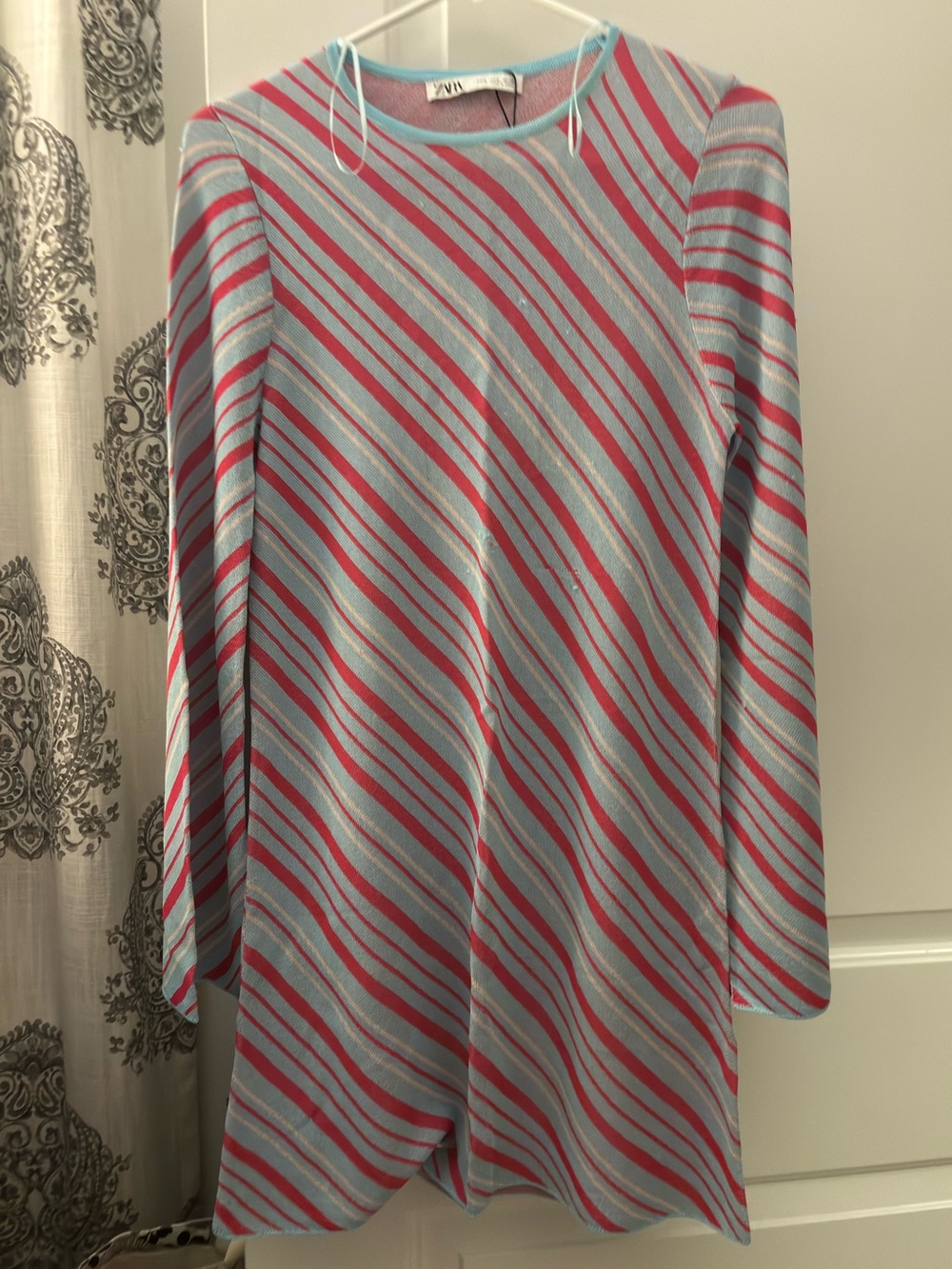 Zara Diagonal Stripe Long Sleeve Top in Light Blue & Pink